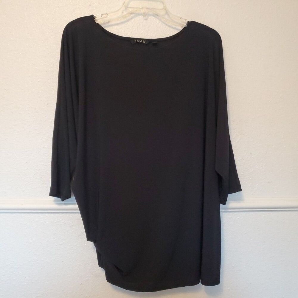 IMAN Assymetric Tunic‎ Blouse Side Ruched 3/4 Sleeve Womens Size XL Black